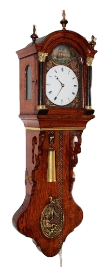 Zeer bijzonder Fries miniatuur staartklokje, zgn. kantoortje of notarisklok, gesigneerd J. Hak & Zn, Groede ( Zeeland ), gedateerd 1845 op de achterplatine van het uurwerk, in een perfekte, volledig originele staat.